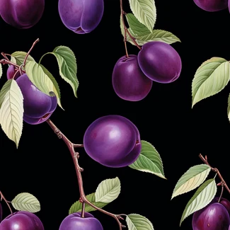 A seamless pattern of ripe plums on a black background, featuring highly detailed foliage and trompe l'oeil composition.