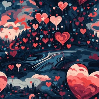 Hearts in the Forest Pattern with a romanticized forest, fluid landscapes, atmospheric clouds, light red and dark blue color palette and multiple patterns.