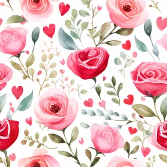 Romantic watercolor rose and heart pattern