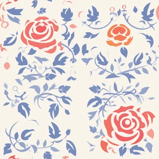 A beautiful and whimsical rose pattern in pink, violet, green, blue, and orange.