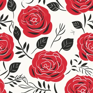 A seamless pattern featuring large, bold red roses on a white background with nature-inspired motifs and vintage-inspired designs.