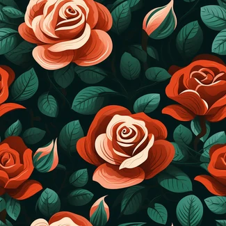 A seamless pattern featuring beautiful red roses with lush green leaves in a charming cartoonish style.