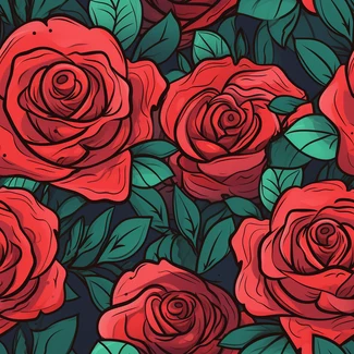 A seamless pattern of hand-drawn red roses on a light red and dark emerald background with detailed backgrounds and bold black outlines.