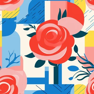 A red rose surrounded by geometric shapes and vibrant florals against a light blue background.