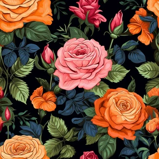 Vibrant botanical illustration of roses in shades of orange and pink on a black background