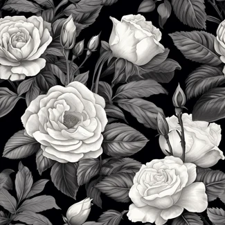 A monochrome seamless pattern of white roses on a black background in the style of detailed engravings