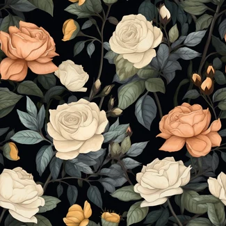 A floral pattern of roses on a black background, with muted colors, detailed botanical illustrations, and bold maximalism.
