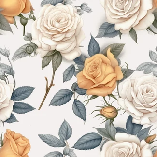 A seamless pattern depicting white and yellow roses against a white background with a realistic color scheme and detailed shading.