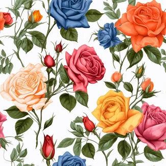 Botanical watercolor roses seamless pattern with colorful roses and green leaves on a white background