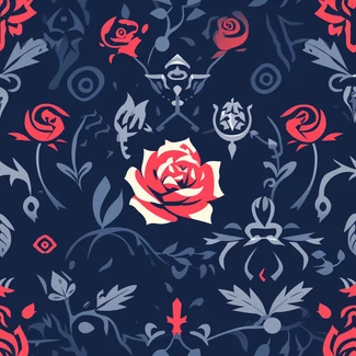 A beautiful floral pattern featuring roses and vines in navy and crimson colors.