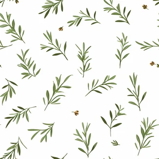 A minimalist rosemary foliage repeat pattern on a white background with intricate insect motifs and intricate foliage.