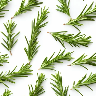 A grid pattern of fresh rosemary fronds on a white background with bold textures and a natural, organic feel.