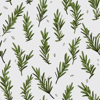 A seamless pattern featuring hand-drawn rosemary plants on a white background with light green and dark gray tones.