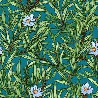 Blue flowers and green leaves set against a green background of leaves