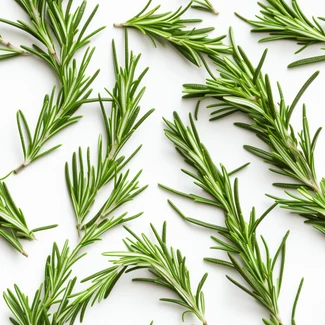 A minimalist pattern featuring rosemary leaves, sprigs, and sticks on a white background.