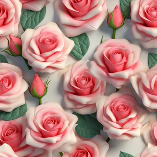 A highly detailed 3D seamless pattern of pink roses on a white background with green foliage.