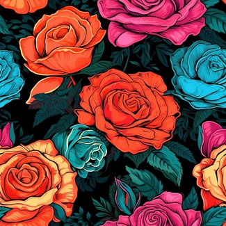 A seamless pattern featuring vibrant roses on a black and blue background in the style of Dan Mumford