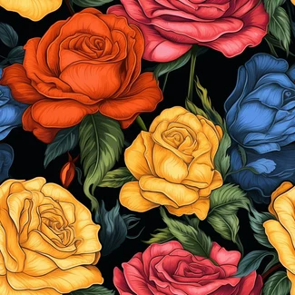 Colorful roses on a black background in a detailed engraving style