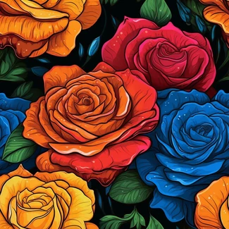 A seamless pattern of roses in red, orange, and blue colors against a dark background in the style of Chicano art.