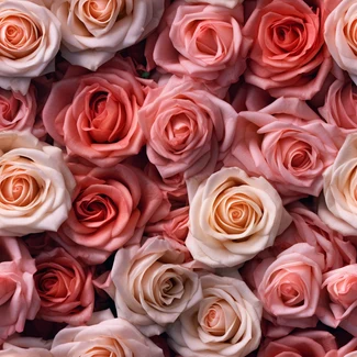 A pattern of pink and peach roses on a contrasting background.