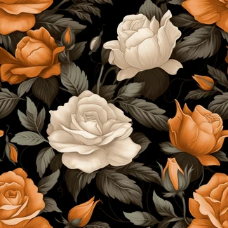 Orange roses on a black background pattern illustration with foliage accents.