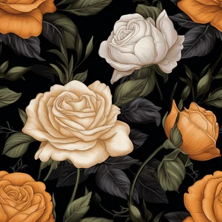 Illustration of beautiful orange and white roses on a black background with earth tones.