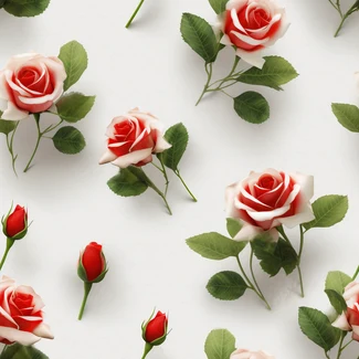 A seamless pattern featuring 3D red roses on a white background.