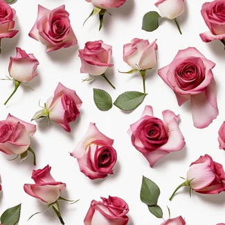 A delicate and minimal pattern featuring pink roses on a white background.