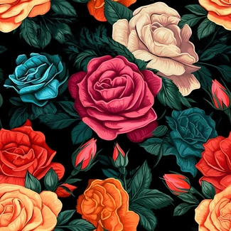 A beautiful multicolored floral pattern featuring roses in shades of blue, pink, green, and orange set against a dark black background.