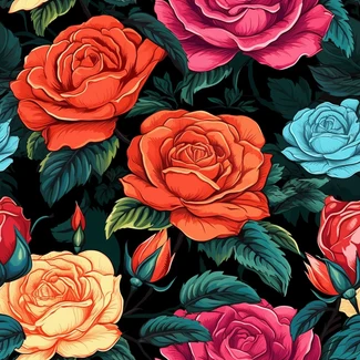 A stunning floral pattern featuring vibrant vintage roses on a black background.