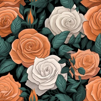 A romantic seamless pattern featuring orange and white roses on a black background with green leaves.