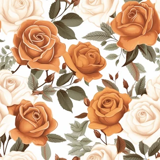 A seamless pattern featuring orange roses and leaves on a white background.