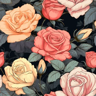 A seamless pattern of pink and orange roses and green leaves on a black background with a vintage and sculpted feel.