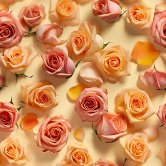 A pattern of pink and orange roses on a white background with subtle tonal variations and playful repetitions.