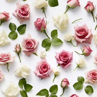 A beautiful nature-based pattern featuring pink roses and white flowers on a clean white background.