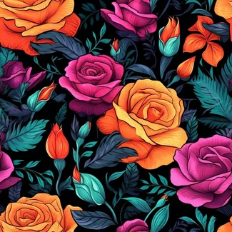 A seamless floral pattern featuring vibrant neon roses on a black background.