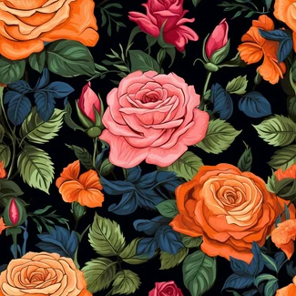 Romantic Rose Garden seamless floral pattern featuring orange and pink roses with blue leaves on a black background.