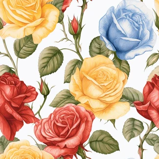 A seamless pattern featuring colorful roses and leaves arranged on a white background.