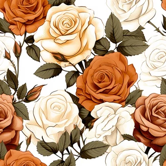 A seamless pattern featuring orange and white roses on a white background, depicted in a realistic style with intricate detailing and earthy tones of brown and beige.