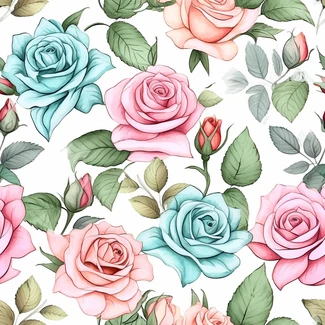 A seamless pattern of watercolor roses and leaves in pastel colors on a white background.