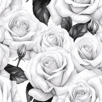 A monochrome pattern depicting black and white roses with leaves on a white background, in a hyper-realistic style that evokes topographical realism and trompe-l'oeil.