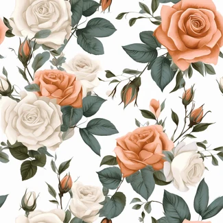 A seamless pattern featuring vintage peach roses on a white background.