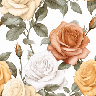 A seamless pattern of vintage orange roses on a white background.