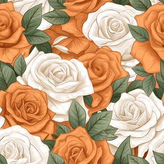 A seamless pattern with orange and white roses with green leaves, in the style of chicano art, on a white background.