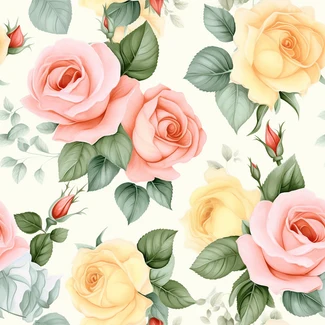 Pink and yellow roses seamless pattern on a white background