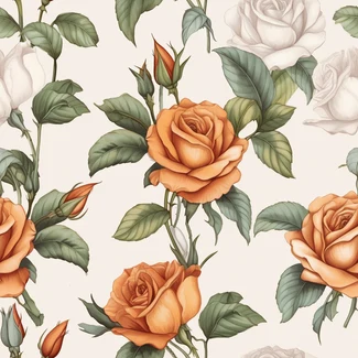 Orange roses on a beige and white background in a seamless floral pattern