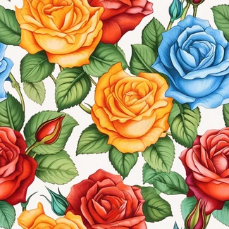 Colorful roses seamless pattern with vibrant and bold primary colors on a white background.