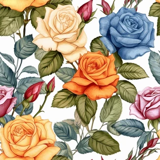 Watercolor roses seamless pattern with different colors on white background
