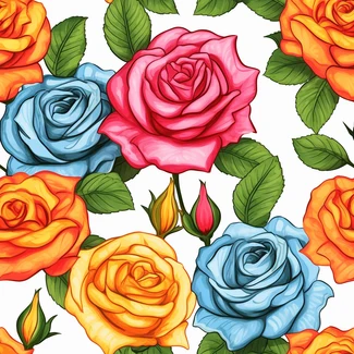A seamless rose pattern featuring a pop-art fusion style with vibrant caricatures and realistic details on a white background.