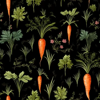 A charming and colorful pattern featuring illustrated carrots and herbs on a black background.